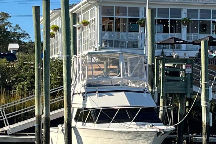 a boat parked on the side of a building