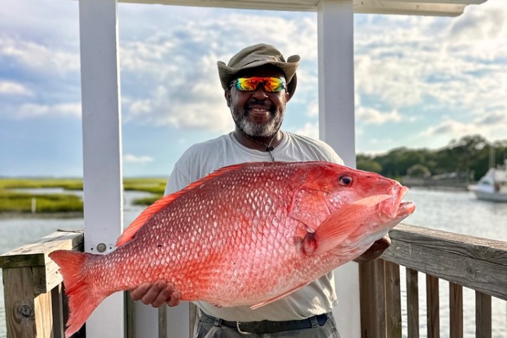 Man holding large red fish at marina with sign overhead.