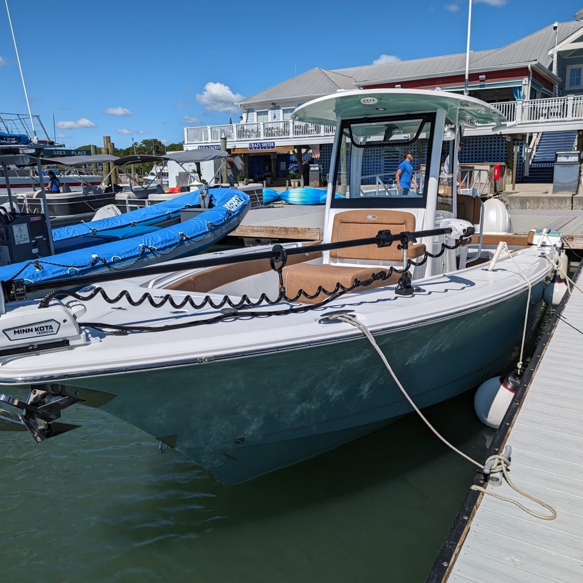 a boat is docked in a harbor