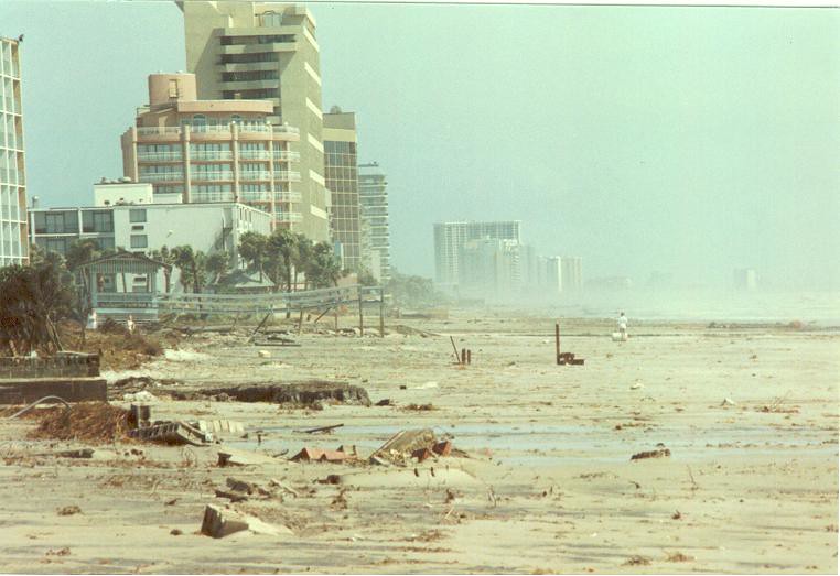 Hurricane Hugo Myrtle Beach Beach with debris and buildings on a foggy day.
