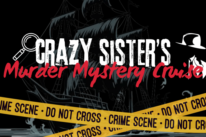Crazy Sister's Murder Mystery Cruise logo with ship and crime scene tape.