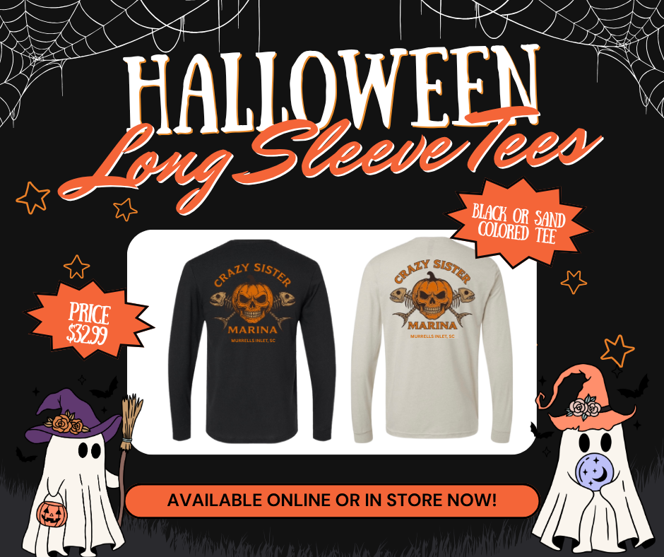 Halloween-themed ad for Crazy Sister Marina long sleeve tees in black or sand, priced at $32.99.