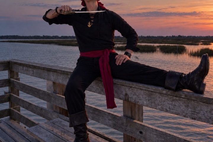Person dressed as a pirate poses on a wooden deck at sunset.