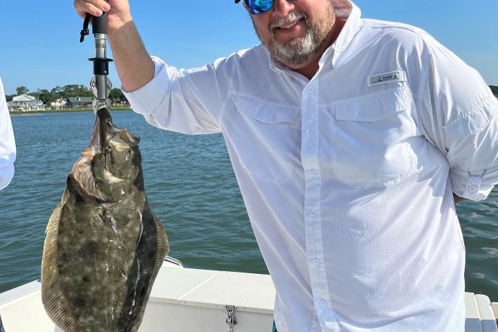 Man on boat holding a large fish under clear blue sky.
