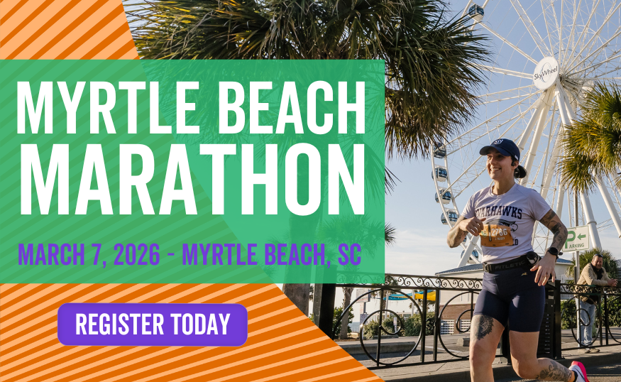 People running on a road near a Ferris wheel, Myrtle Beach Marathon event information displayed.