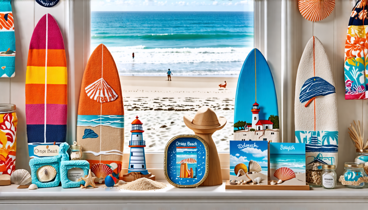 Beach-themed window display with surfboards, seashells, and a seaside view.