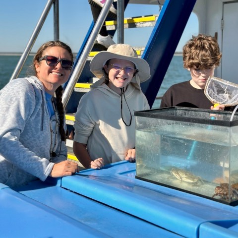 Three people on a boat looking at a tank with marine life.