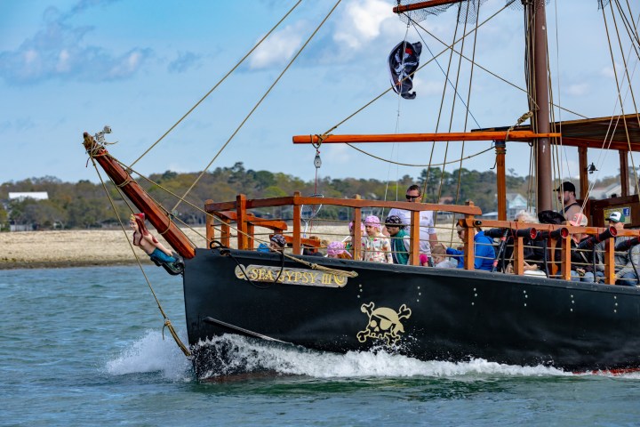 People enjoying a boat ride on a pirate-themed vessel sailing on a sunny day.