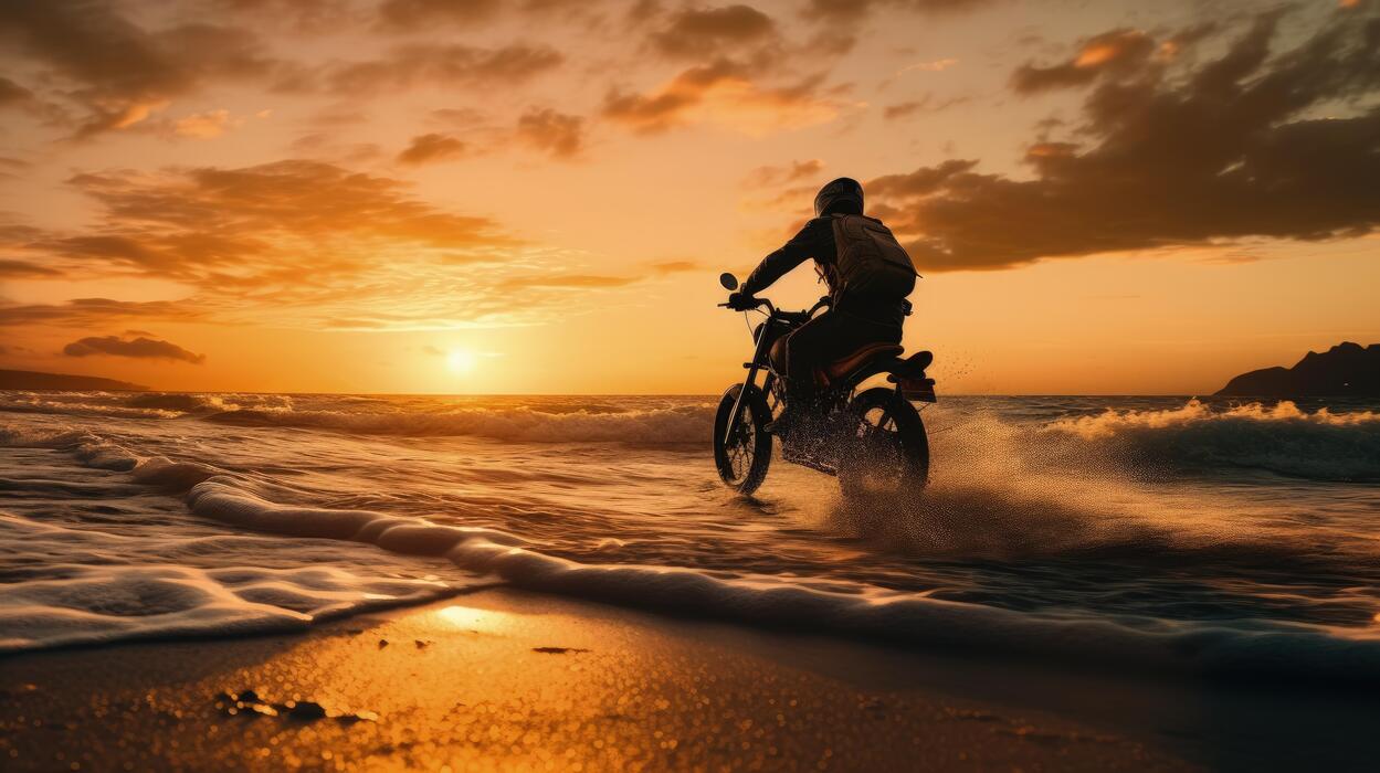 Person riding motorcycle on beach at sunset with waves in motion.