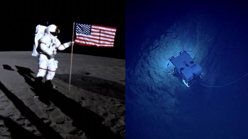 Split image: astronaut with U.S. flag on moon; submersible underwater.