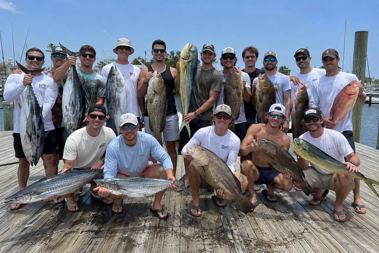Group of people on a dock holding various large fish they caught.