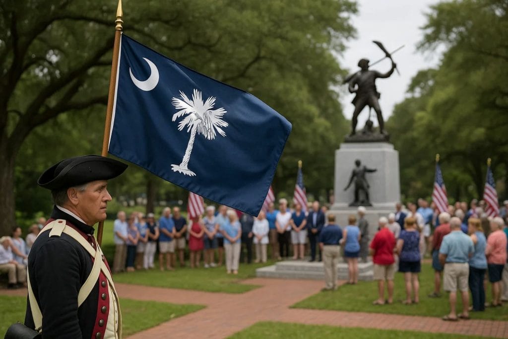 Man in colonial costume holds South Carolina flag at outdoor event near a statue with a crowd in the background.