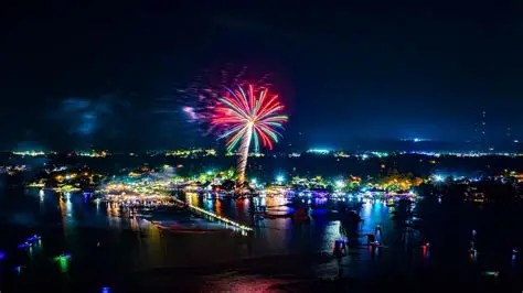 Colorful fireworks over a brightly lit riverside at night.