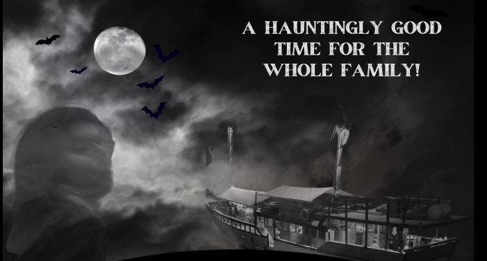 Ghostly ship under moonlight with bats and misty sky, text: 'A hauntly good time for the whole family!'
