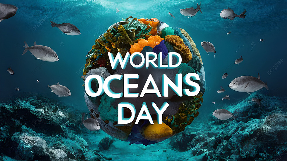 Underwater scene with a globe of coral and fish, text reads 'World Oceans Day'.