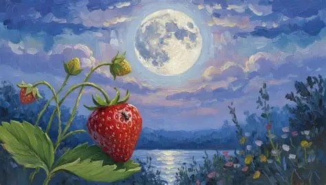 Strawberry close-up with full moon and lake in background; flowers and clouds in night sky.