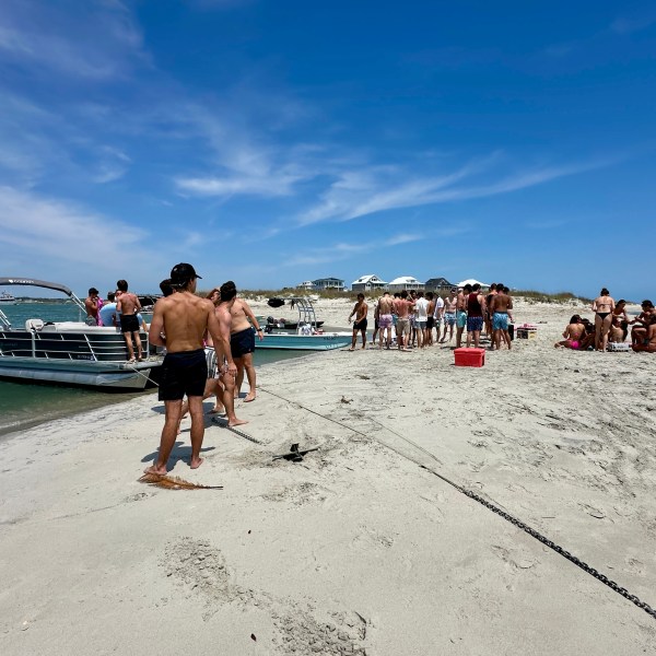 Groups of people on sandy beach with boats in the water under a clear blue sky.