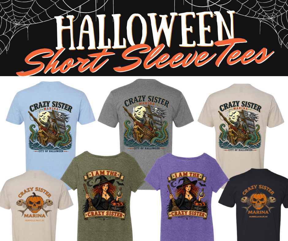 Eight Halloween-themed short sleeve tees with various witch and ocean designs.