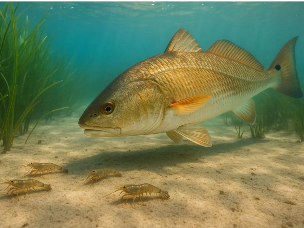 Large fish swimming near small crustaceans on sandy ocean floor.