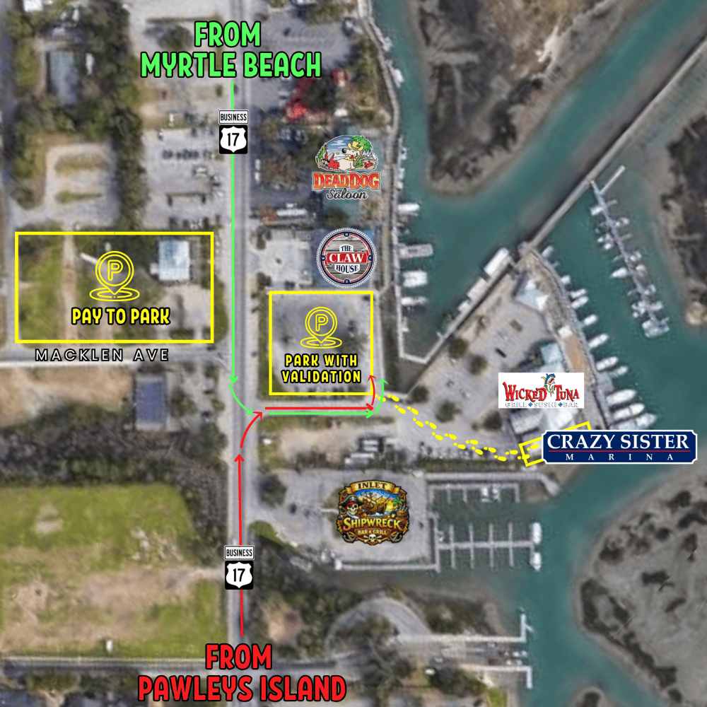 Aerial view of parking and marina near Myrtle Beach with labeled paths and businesses.