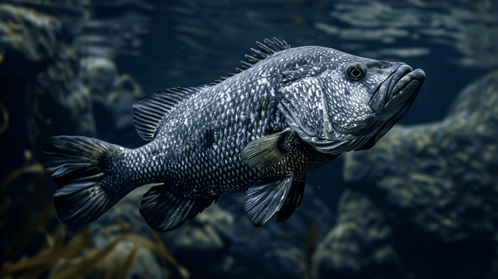 A large, dark fish swimming underwater with rocks in the background.